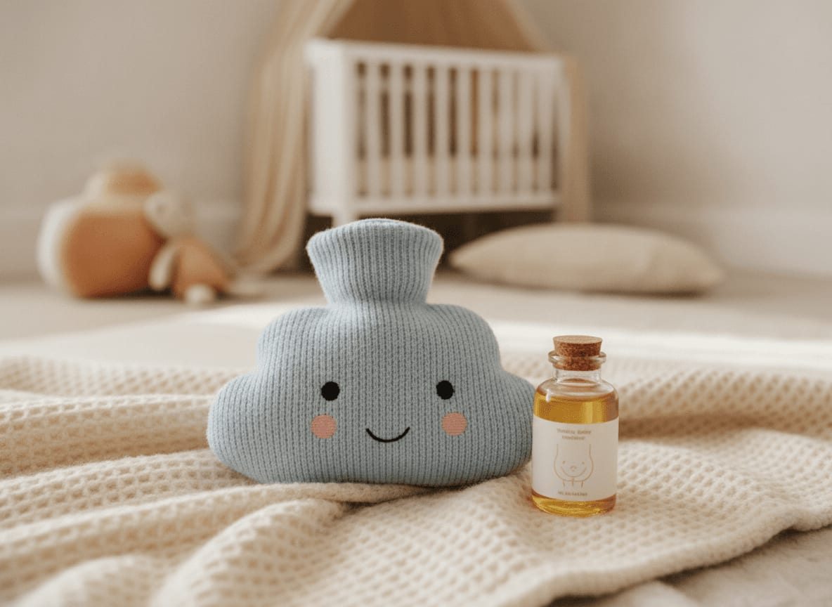 Utensilien zur Linderung von Bauchschmerzen bei einem Schreibaby, wie eine Wärmflasche und ein spezielles Massageöl.