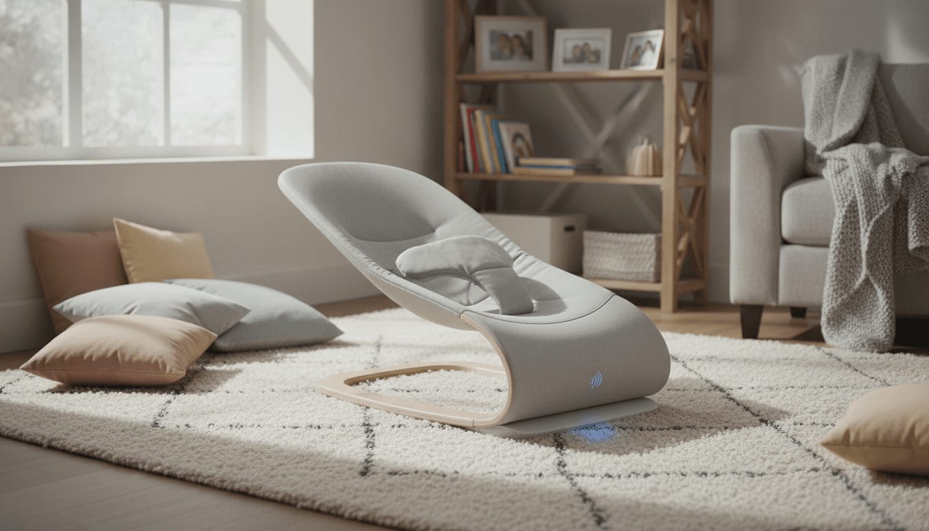 Linderung für ein Schreibaby: Eine leere Babywippe steht für die beruhigende Wirkung von sanftem Schaukeln oder Vibration.