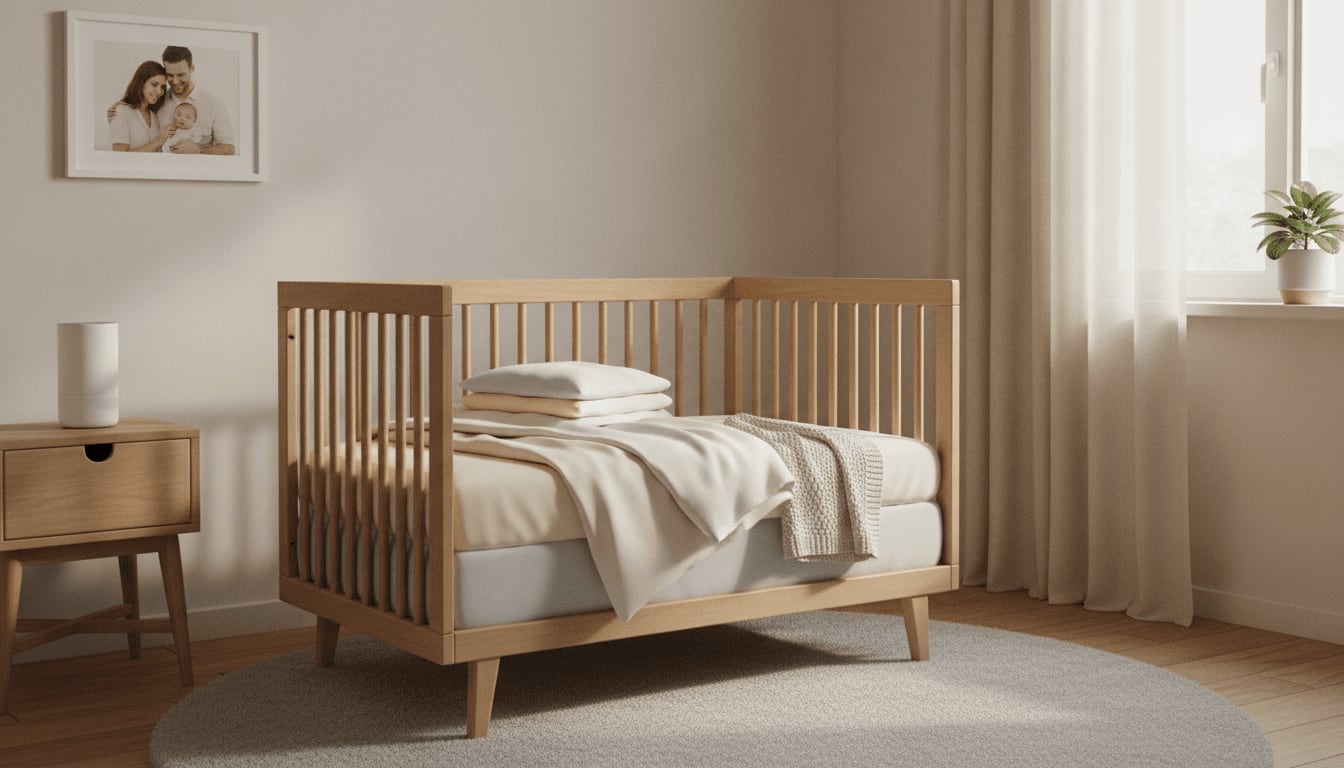 Ruhiger Schlaf für ein Schreibaby: Ein leeres Beistellbett in einer dunklen, entspannenden Schlafumgebung für mehr Beruhigung.