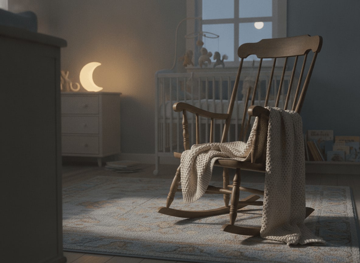 Leerer Schaukelstuhl in einem dunklen Zimmer symbolisiert die immense Belastung der Eltern und mögliche Spätfolgen eines Schreibabys.