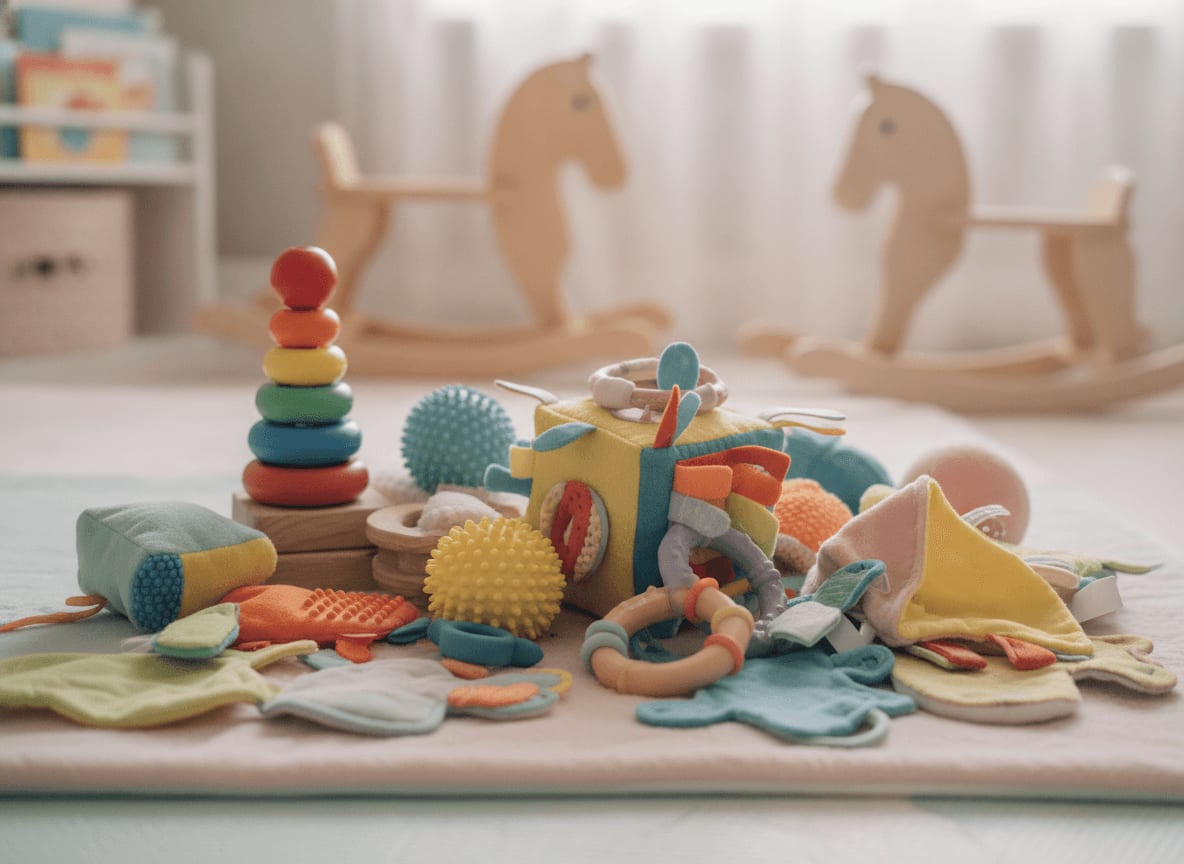 Bunte Sinnesspielzeuge als Darstellung erhöhter Sensibilität, eine der möglichen Spätfolgen bei ehemaligen Schreibabys.
