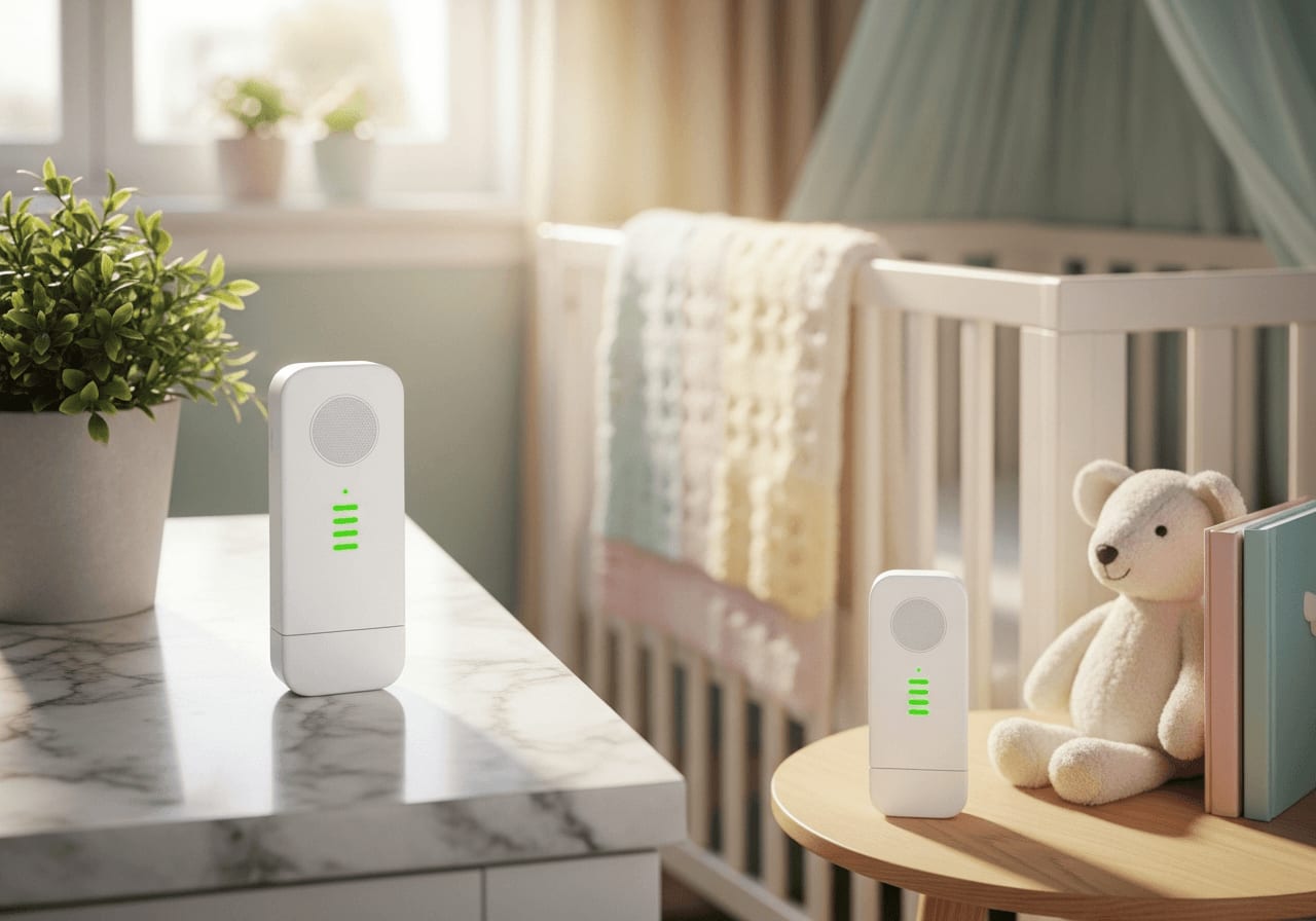Klassisches Audio-Babyphone mit DECT-Technologie und grünen Empfangsbalken auf einer Marmor-Küchenarbeitsplatte.