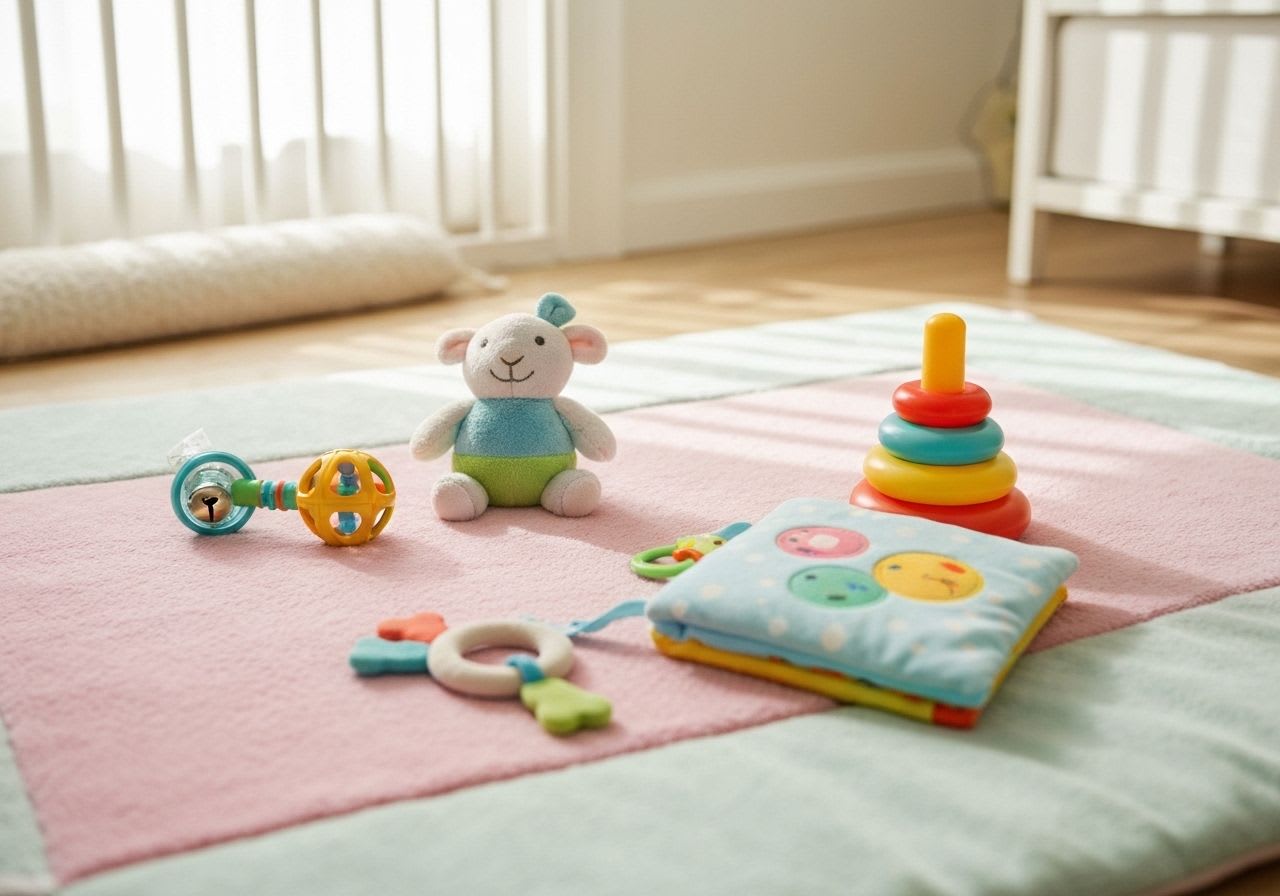 Eine farbenfrohe Spielmatte mit sensorischen Spielzeugen für die Bauchlage, die die motorische Babyentwicklung und Nackenmuskulatur unterstützt.