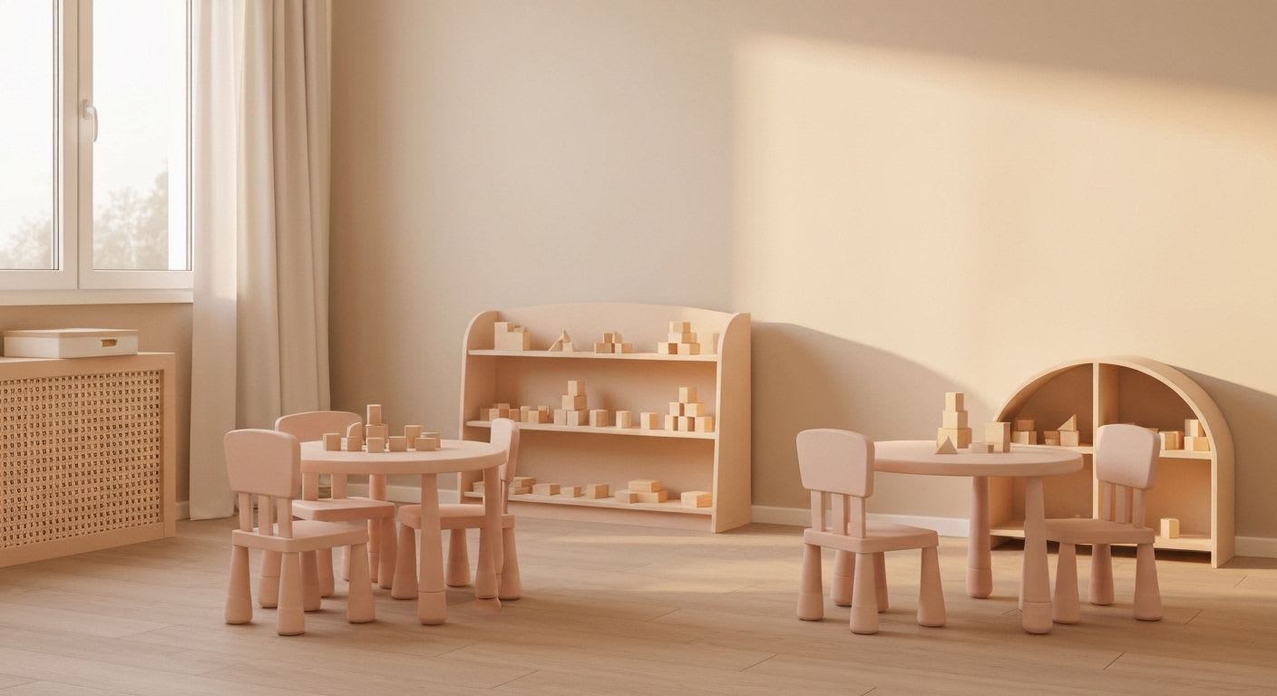 Ein helles, modernes Kinderzimmer mit Möbeln und Spielzeugen, das eine förderliche Umgebung für die soziale und kognitive Babyentwicklung darstellt.