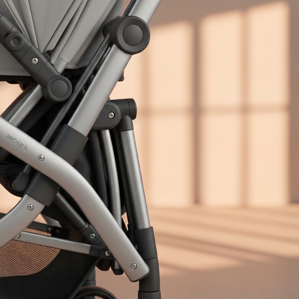 Nahaufnahme des innovativen Klappmechanismus eines Kinderwagens, der die kompakte Form hervorhebt. Relevant für 'Was ist ein Kinderwagen?'
