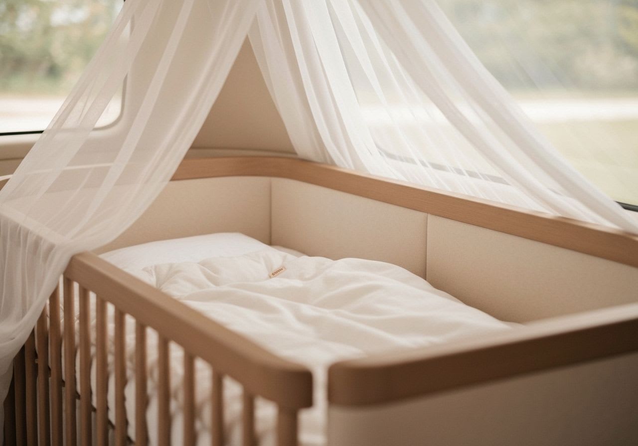 Nahaufnahme des Inneren einer Kinderwagen-Liegewanne mit weicher Bio-Baumwoll-Bettwäsche und Komfortmatratze, Sonnenverdeck. Zeigt 'Was ist ein Kinderwagen?' als sicheres Nest.