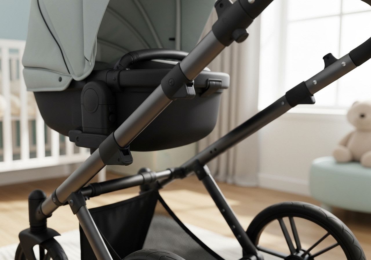 Detailaufnahme eines Kinderwagen-Ergonomiegriffs und der einstellbaren Radfederung, robuste All-Terrain-Reifen. Wichtig für die Auswahl von 'Was ist ein Kinderwagen?'