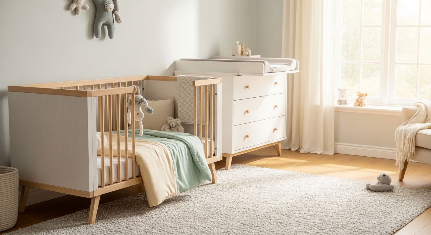 Stimmungsvolles Kinderzimmer mit elegantem Beistellbett und Bio-Bettwäsche, sowie Wickelkommode, welche die Wichtigkeit der Babyprodukte hervorhebt.