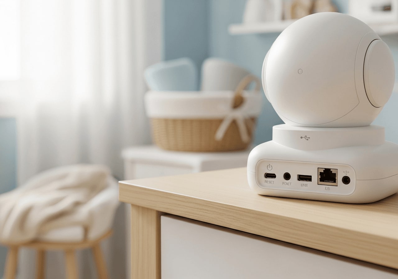 Rückseite einer Babyphone-Kamera mit Reset-Knopf für das Zurücksetzen bei verdächtigen Aktivitäten im Netzwerk