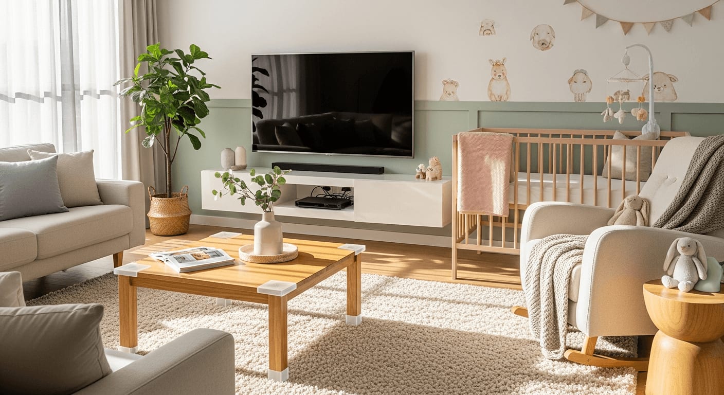 Wohnung baby-sicher machen: Modernes Wohnzimmer mit weichem Teppich und gesicherten Möbelkanten