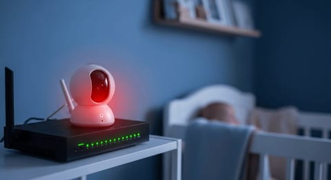 Modernes WLAN-Babyphone mit leuchtender Status-LED neben einem Router, wichtiges Setup um Babyphone Hacking zu verhindern.