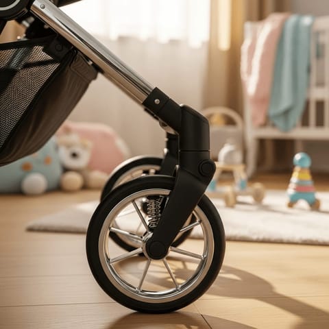 Leichtgängiges Vorderrad mit moderner Federung für optimalen Fahrkomfort beim leichten Kinderwagen unter 8 kg