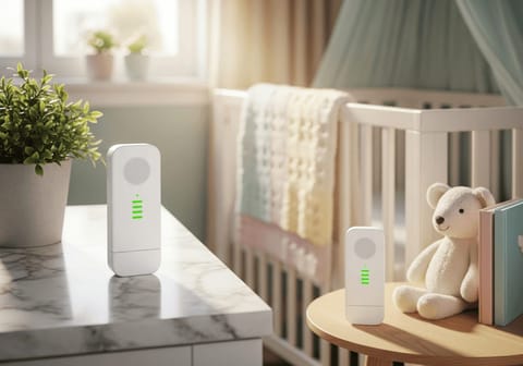 Klassisches Audio-Babyphone mit DECT-Technologie und grünen Empfangsbalken auf einer Marmor-Küchenarbeitsplatte.