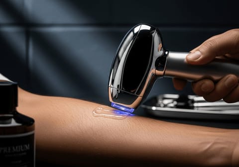 Moderne Hauttyp-unabhängige Laserbehandlung mit Nd:YAG-Laser auf gebräunter Haut für sichere Haarentfernung.