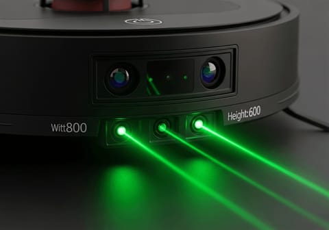 Nahaufnahme eines Lidar-Sensors auf einem Saugroboter, grüne Laserstrahlen sichtbar, technisches Detail