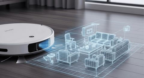 Saugroboter Datenschutz 2026: Saugroboter mit Frontkamera projiziert eine 3D-Karte der Möbel auf den Boden im Wohnzimmer.