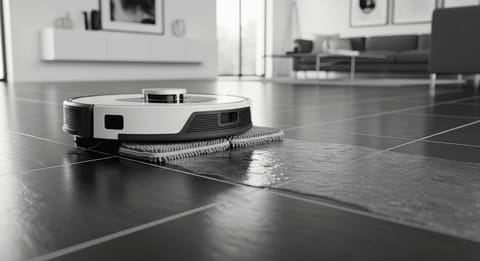 Detailaufnahme eines Saugroboters mit Wischfunktion, der einen dunklen Fliesenboden im modernen Wohnzimmer feucht wischt.