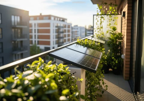 Nahaufnahme eines Balkonkraftwerks an einem modernen Apartment-Balkon, grüne Pflanzen, Wohngebiet im Hintergrund