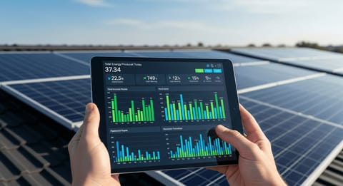 Monitoring-Apps im Vergleich: Person prüft Echtzeit-Ertragsdaten auf einem Tablet vor Photovoltaik-Modulen auf dem Dach.