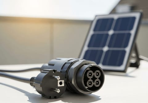 Schuko-Stecker und Wieland-Dose im Vergleich für ein 800W Balkonkraftwerk auf einem sonnigen Balkon.