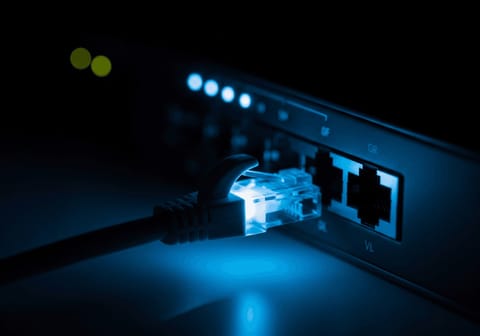 Eingestecktes Netzwerkkabel in einem Switch für schnelle NAS-Verbindungen im Heimnetz.