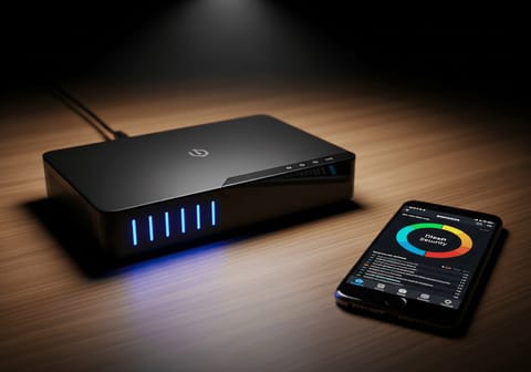Router Sicherheit einstellen Anleitung 2026: WLAN-Router neben Smartphone mit Sicherheits-Dashboard auf Schreibtisch.