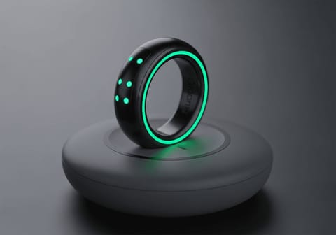 Samsung Galaxy Ring 2 leuchtet grÃ¼n von seinen inneren Sensoren, ruhend auf einem kabellosen Ladeetui