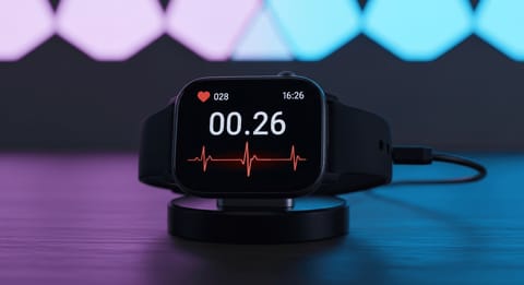 Moderne Smartwatch für Senioren mit übersichtlicher Pulsmessung und großen Zahlen auf einer Ladestation.