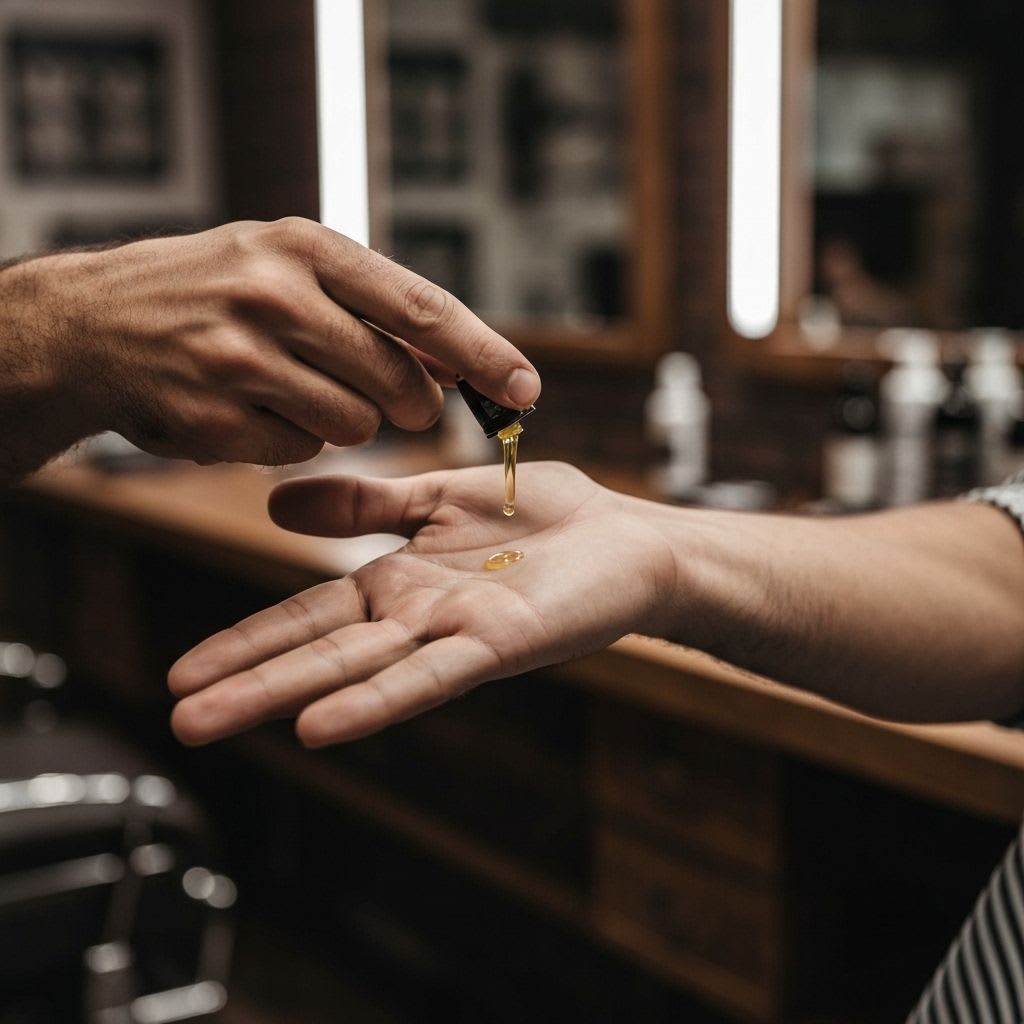 Arganöl auf der Hand eines Mannes, ein effektiver Grooming-Hack für Männer, der die Hautpflege und das Styling des Bartes unterstützt.