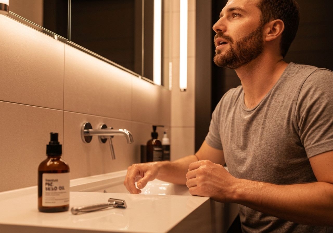 Mann spritzt sich kaltes Wasser ins Gesicht, um die Poren zu straffen, ein wichtiger Grooming-Hack für Männer vor der Nassrasur mit Pre-Shave-Öl.