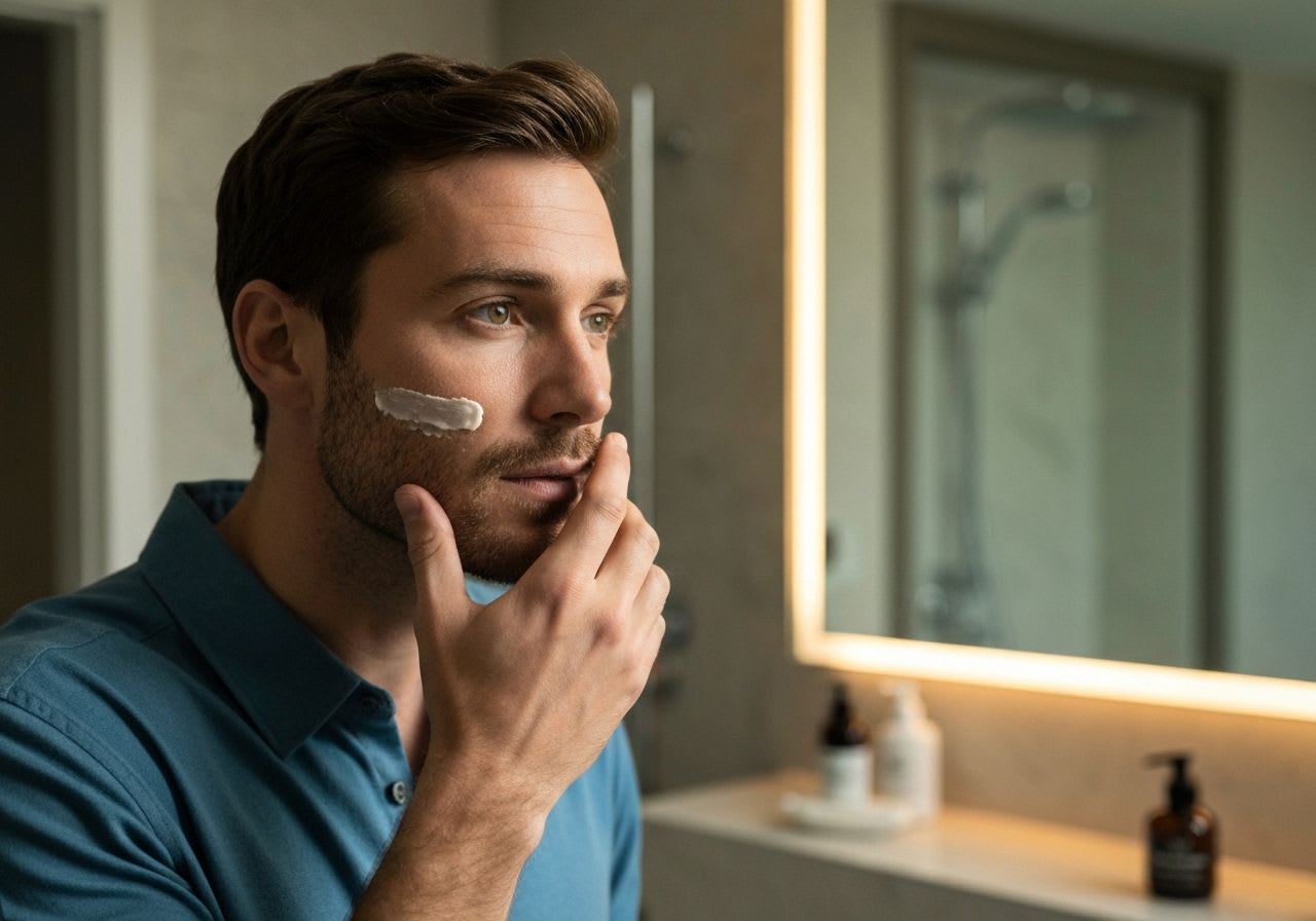 Mann trägt Nachtcreme oder Serum auf sein Gesicht auf, ein wichtiger Grooming-Hack für Männer zur Regeneration der Hautpflege über Nacht.