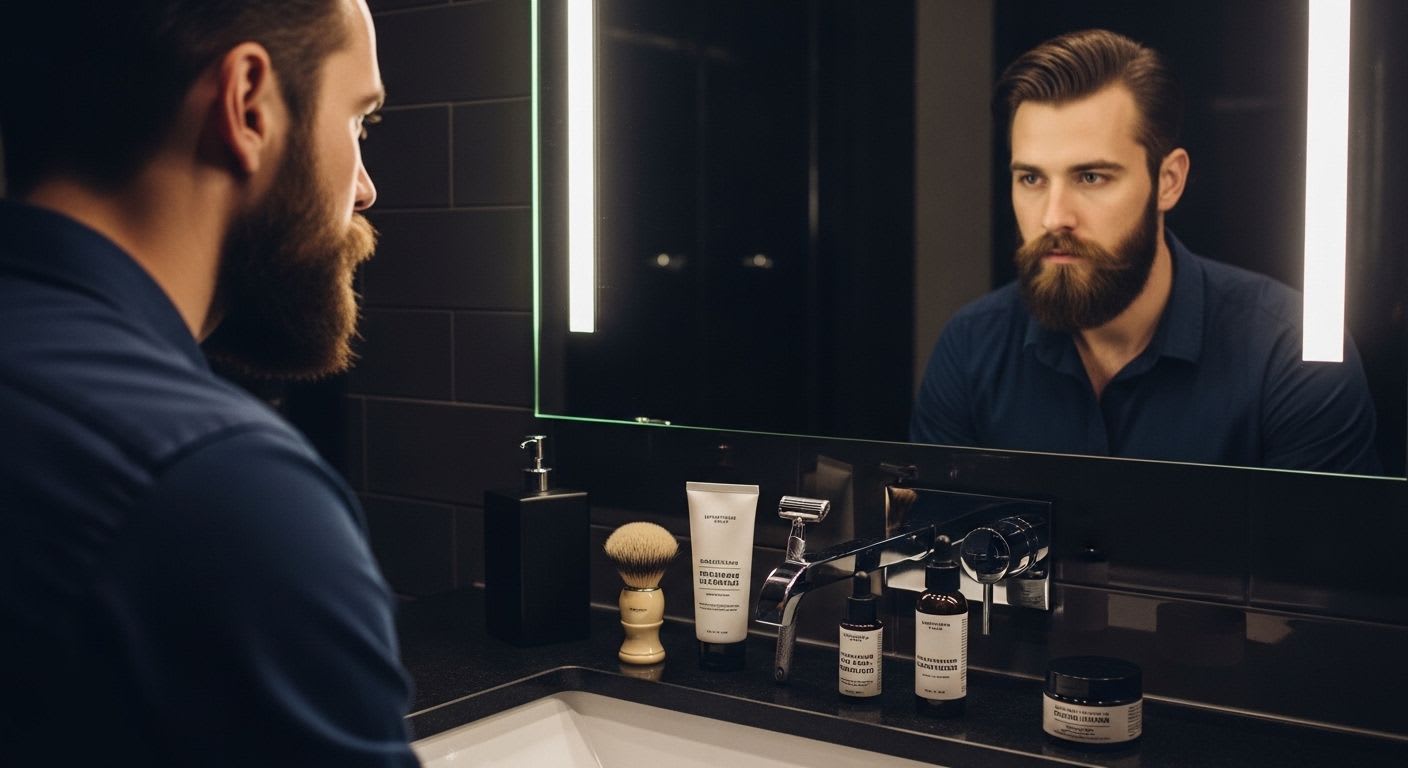 Ein Mann mit gepflegtem Bart, der die 5 Grooming-Hacks für Männer nutzt, um Hautpflege und Styling mühelos zu optimieren.