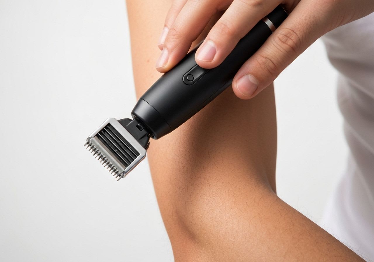 Eine Hand hält einen modernen Bodygroomer und trimmt präzise die Körperbehaarung am Arm, essentiell für das richtige Trimmen.