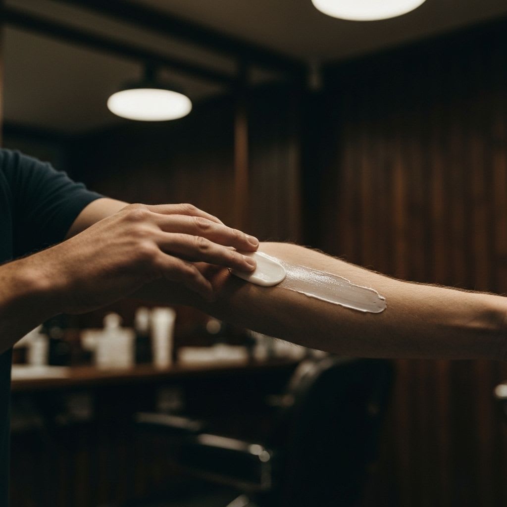 Hand trägt After-Shave-Balsam auf frisch rasierte Haut auf, wichtiger Schritt nach dem Trimmen und Rasieren der Körperbehaarung.