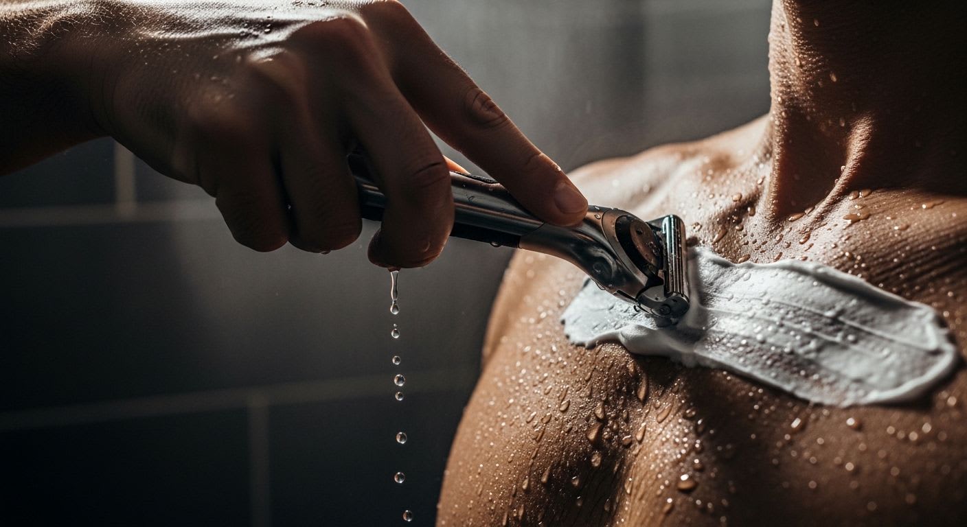 Anleitung für die perfekte Körperrasur: Ein Mann rasiert sich mit einem Körperrasierer die Brust unter der Dusche.