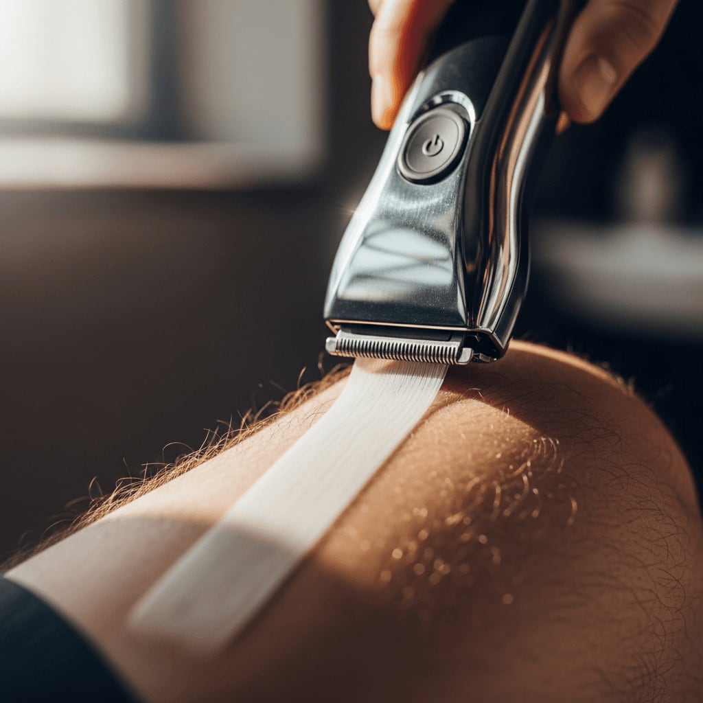 Ein Body Groomer entfernt schonend die Haare am Bein, ideal für Anfänger bei der ersten Körperrasur.