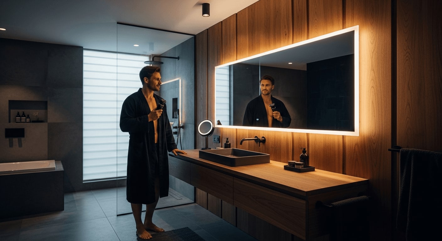 Ein Mann steht im Badezimmer und bereitet sich auf die erste Rasur mit dem Body Groomer an der Brust vor.