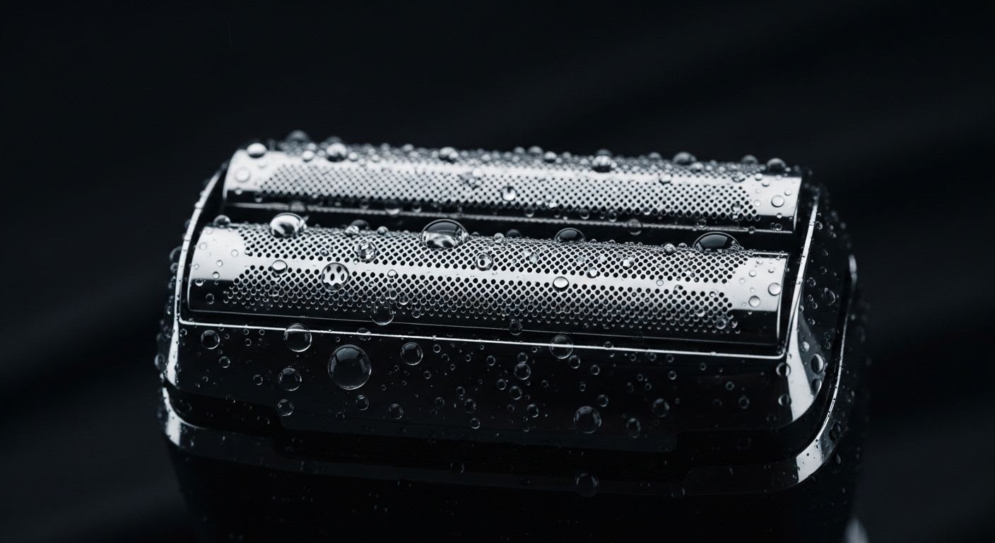 So kann man einen Braun Rasierer reinigen: Nahaufnahme des glänzenden Scherkopfs mit Wassertropfen für optimale Hygiene.