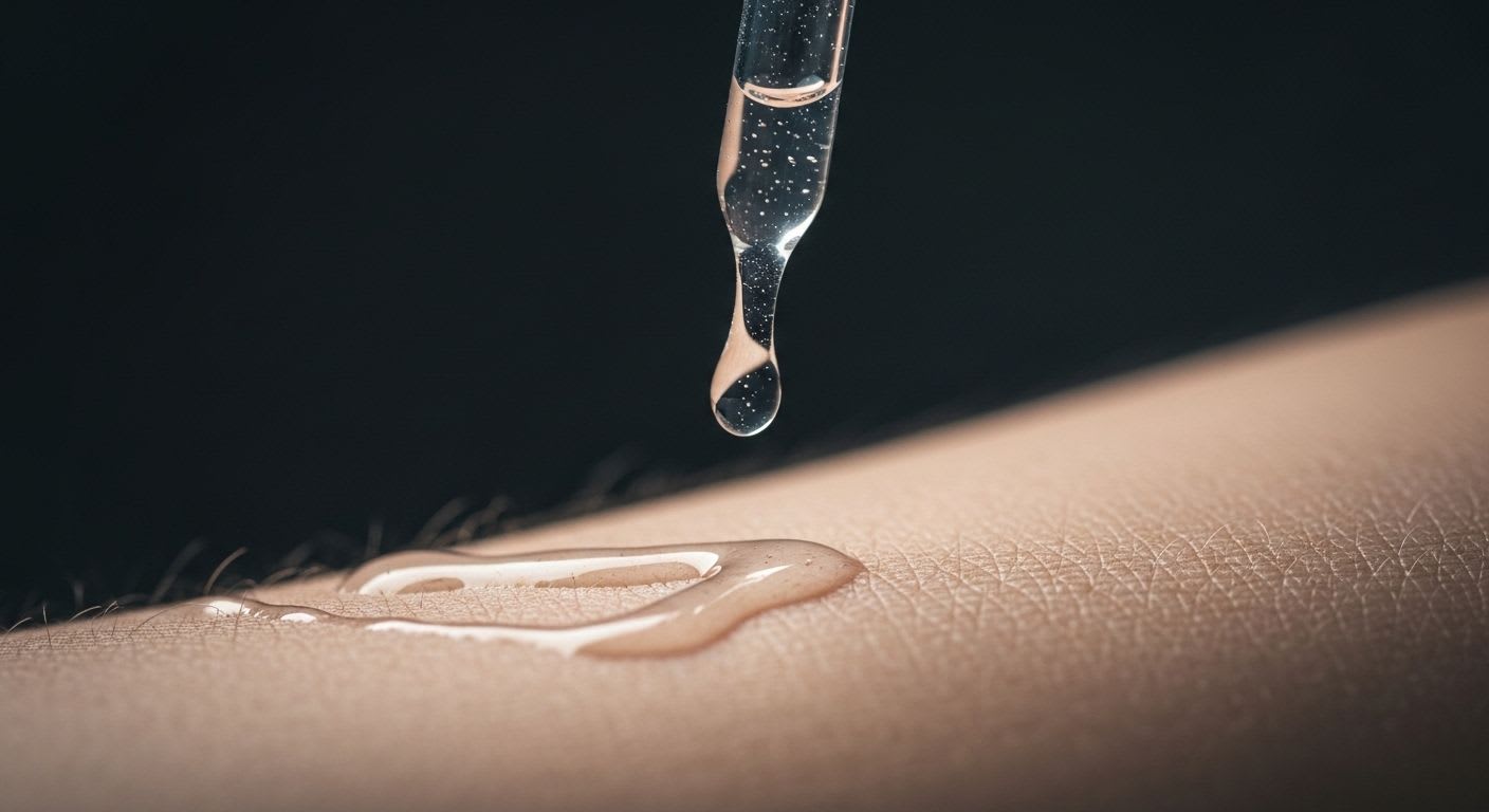 Eine Nahaufnahme von Hautpflege-Serum auf der Haut illustriert die Behandlung für eingewachsene Haare im Intimbereich.