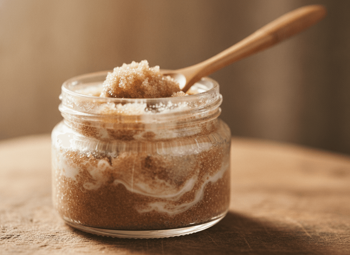 Zuckerpeeling im Glas mit Holzlöffel