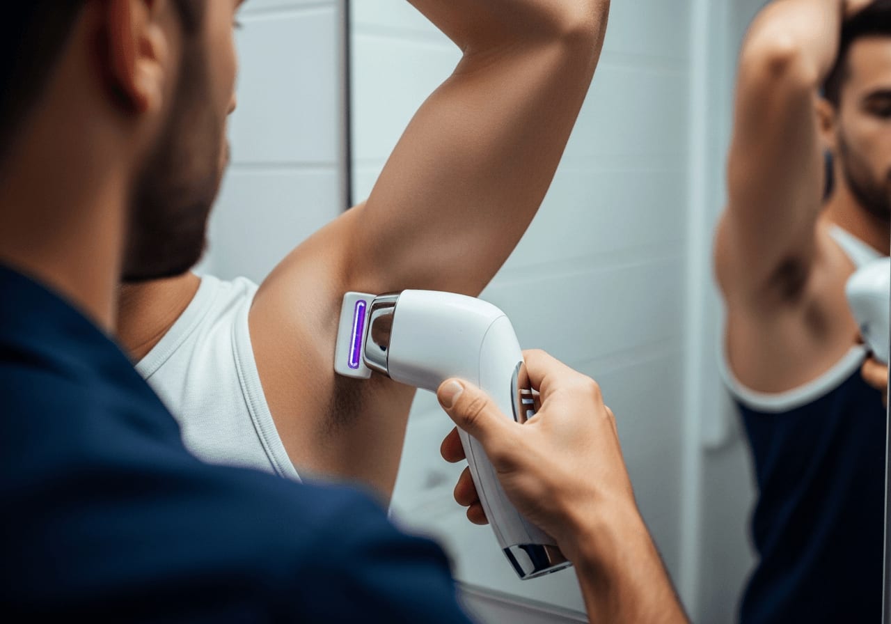 Enthaarungslaser richtig anwenden: Präzise Stempel-Technik mit dem Laser-Gerät an der Achsel vor einem Badezimmerspiegel.