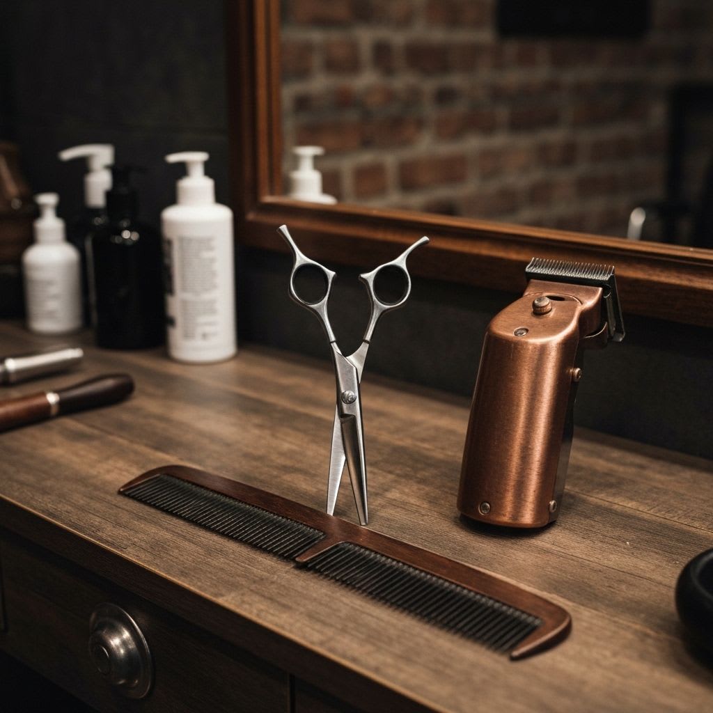 Ein aufgeräumter Arbeitsplatz eines Herrenfriseurs mit Haarschneider, Kamm und Schere, der die Professionalität im modernen Barbershop unterstreicht.