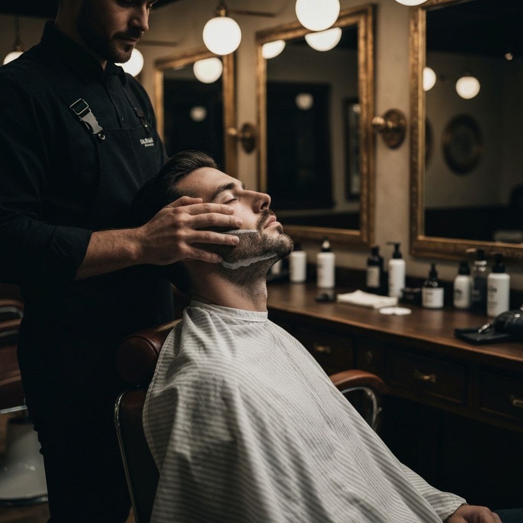 Ein Kunde hält ein warmes Handtuch vor sein Gesicht, als Teil der entspannenden Vorbereitung auf eine Nassrasur beim Herrenfriseur.