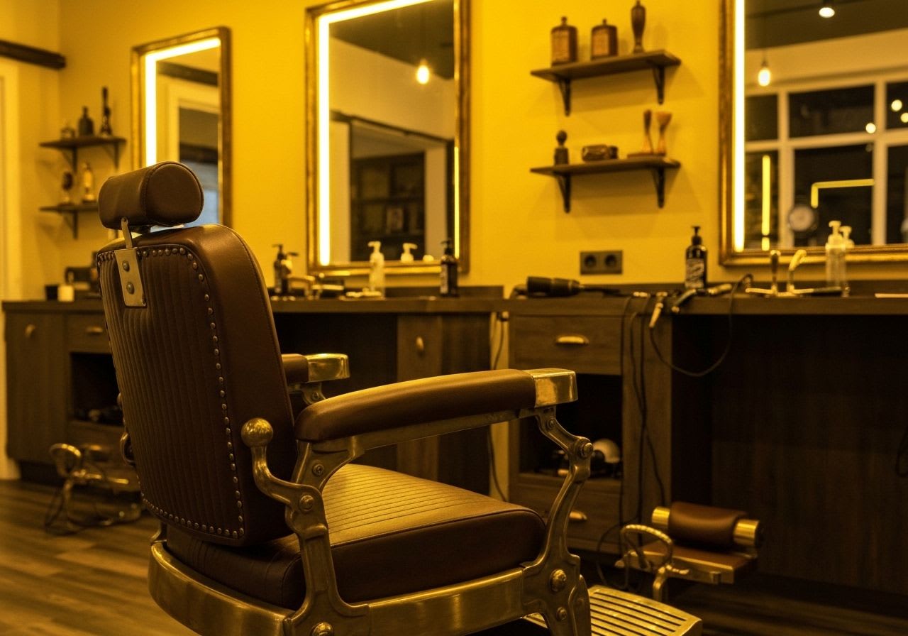 Ein klassischer, leerer Friseurstuhl in einem Barbershop, der die historische Entwicklung und die einladende Atmosphäre des Herrenfriseurs widerspiegelt.
