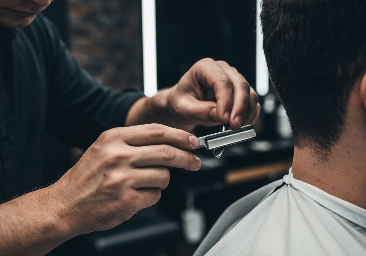 Ein Herrenfriseur führt eine präzise Nassrasur mit einem scharfen Rasiermesser am Nacken eines Kunden durch, Expertise und Detailfokus sind die Vorteile.