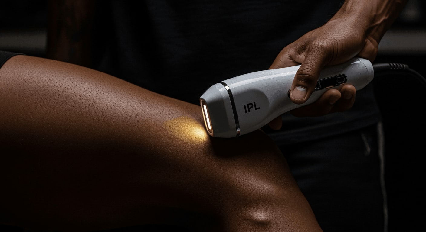 Frau mit dunkler Haut verwendet ein IPL-Gerät zur Haarentfernung