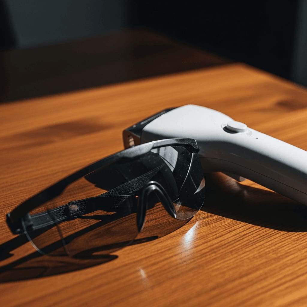 Dunkle Schutzbrille neben einem IPL-Gerät als wichtiges Zubehör zur Vermeidung von optischen IPL Gerät Nebenwirkungen.