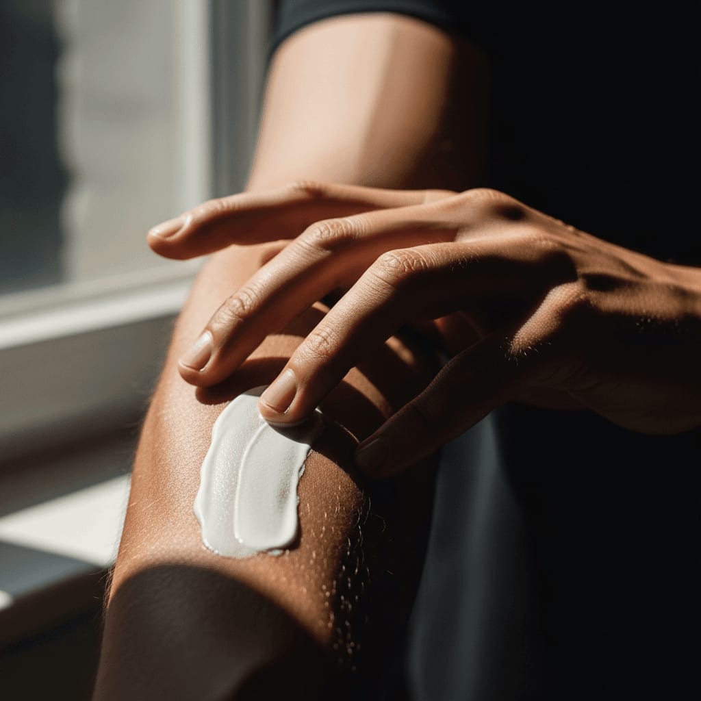 Hautregeneration für IPL nach Sonnenbräune: Eine Hand trägt dicke weiße Sonnencreme auf einen gebräunten Arm auf.