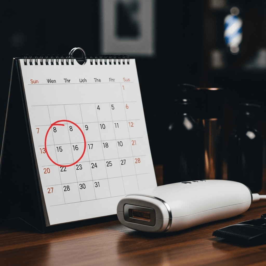 Wartezeit für sicheres IPL nach Sonnenbrand auf einem Kalender markiert, liegend neben einem modernen IPL-Gerät.