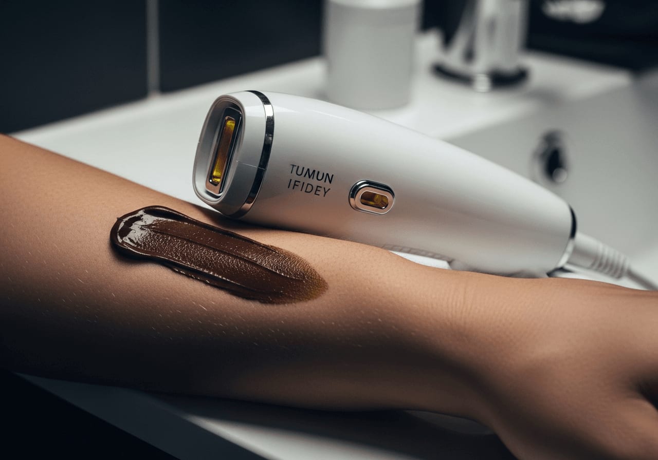 Selbstbräuner und IPL-Haarentfernung: Ein IPL-Gerät neben aufgetragener Bräunungscreme auf heller Haut im Badezimmer.